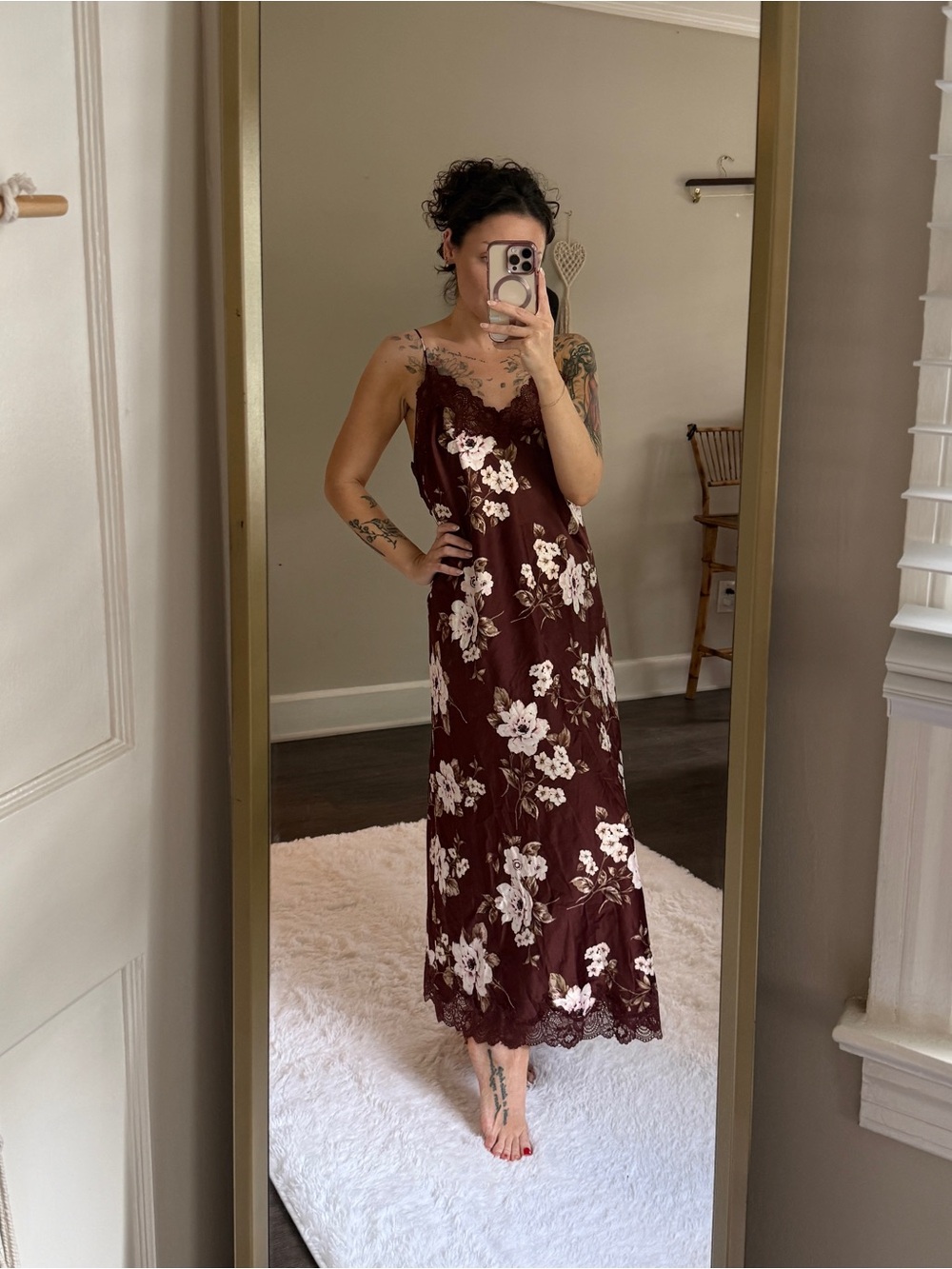 INC Romantic Brown & Pink Floral Slip Maxi Dress